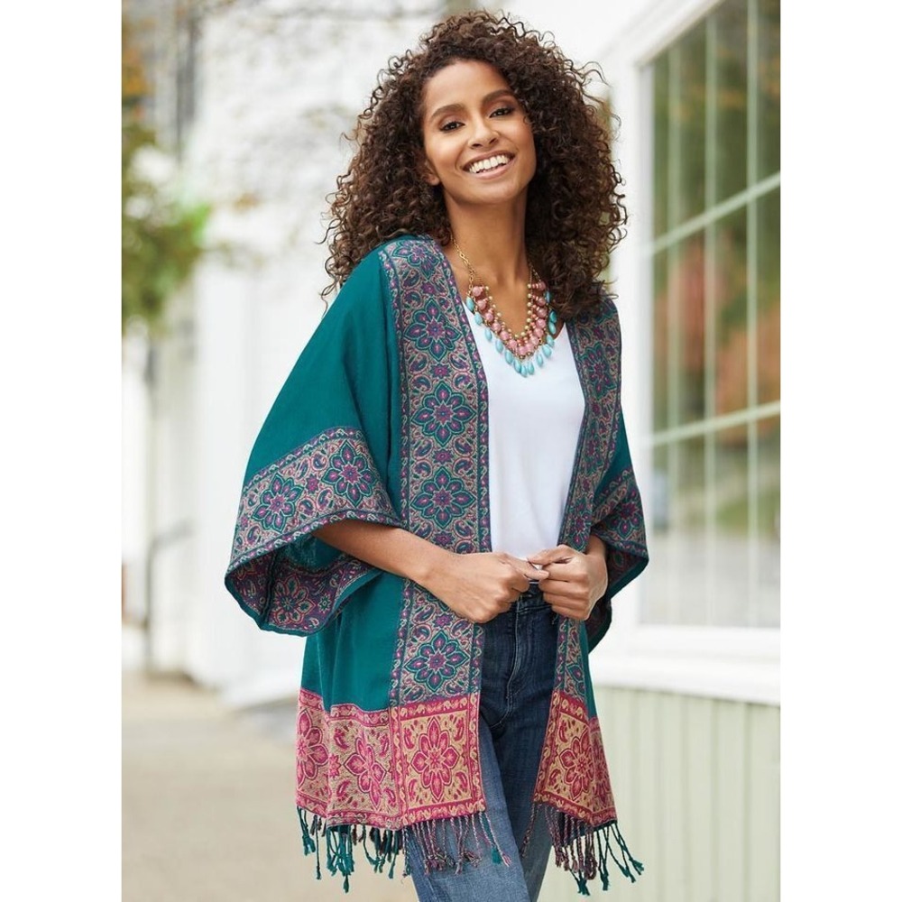 Time‎ for Me Teal Paisley Floral Kimono Cardigan Viscose Womens 2X Boho Festival